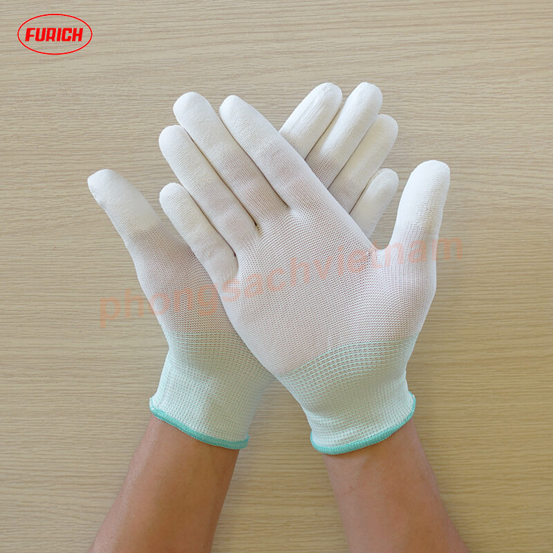 Găng tay vải chống tĩnh điện poly 2 Găng tay phòng sạch phủ PU đầu ngón tay